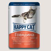 Купить онлайн HAPPY CAT — Хэппи кэт для взрослых кошек нежные кусочки в желе Говядина, печень и горох в Зубастик-ДВ (интернет-магазин зоотоваров) с доставкой по Хабаровску и по всей России.