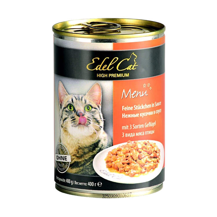 Заказать онлайн EDEL CAT – Эдель Кэт для взрослых кошек нежные кусочки в соусе 3 вида мяса птицы в интернет-магазине зоотоваров Зубастик-ДВ в Хабаровске и по всей России.