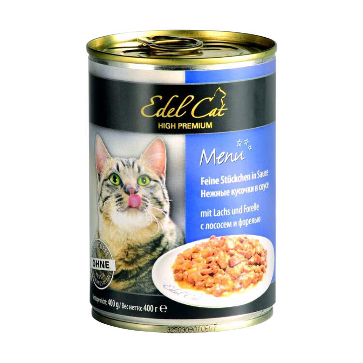 Заказать онлайн EDEL CAT – Эдель Кэт для взрослых кошек нежные кусочки в соусе Лосось и форель в интернет-магазине зоотоваров Зубастик-ДВ в Хабаровске и по всей России.