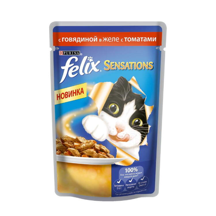 Заказать онлайн FELIX SENSATIONS — Феликс Cенсейшнс для взрослых кошек Говядина в желе с томатами в интернет-магазине зоотоваров Зубастик-ДВ в Хабаровске и по всей России.