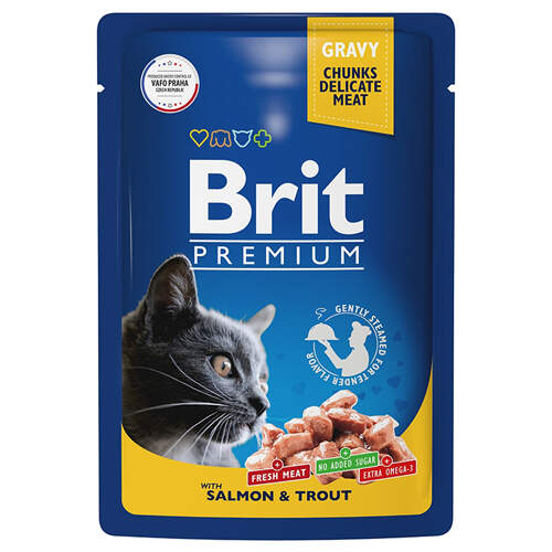 Заказать онлайн Brit Premium Gravy Кусочки с лососем и форелью в соусе для стерилизованных кошек 85 гр в интернет-магазине зоотоваров Зубастик-ДВ в Хабаровске и по всей России.