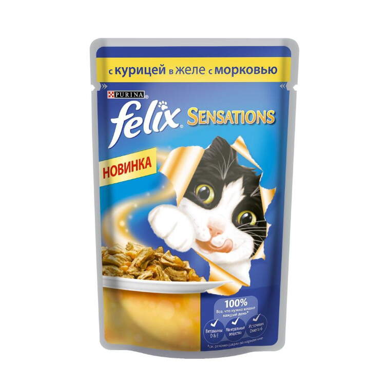 Заказать онлайн FELIX SENSATIONS — Феликс Сенсейшнс для взрослых кошек Курица в желе с морковью в интернет-магазине зоотоваров Зубастик-ДВ в Хабаровске и по всей России.