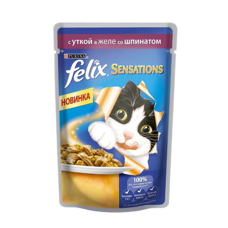 Заказать онлайн FELIX SENSATIONS — Феликс Сенсейшнс для взрослых кошек Утка в желе со шпинатом в интернет-магазине зоотоваров Зубастик-ДВ в Хабаровске и по всей России.