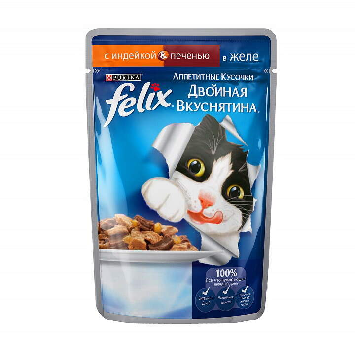 Заказать онлайн FELIX — Феликс Двойная вкуснятина для взрослых кошек аппетитные кусочки в желе Индейка и печень в интернет-магазине зоотоваров Зубастик-ДВ в Хабаровске и по всей России.