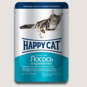 Купить онлайн HAPPY CAT — Хэппи кэт для взрослых кошек нежные кусочки в желе Лосось и креветки - 100 гр в Зубастик-ДВ (интернет-магазин зоотоваров) с доставкой по Хабаровску и по всей России.