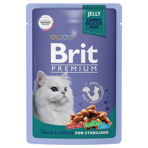 Заказать онлайн Brit Premium Jelly Кусочки с уткой и яблоками в желе для стерилизованных кошек 85 гр в интернет-магазине зоотоваров Зубастик-ДВ в Хабаровске и по всей России.
