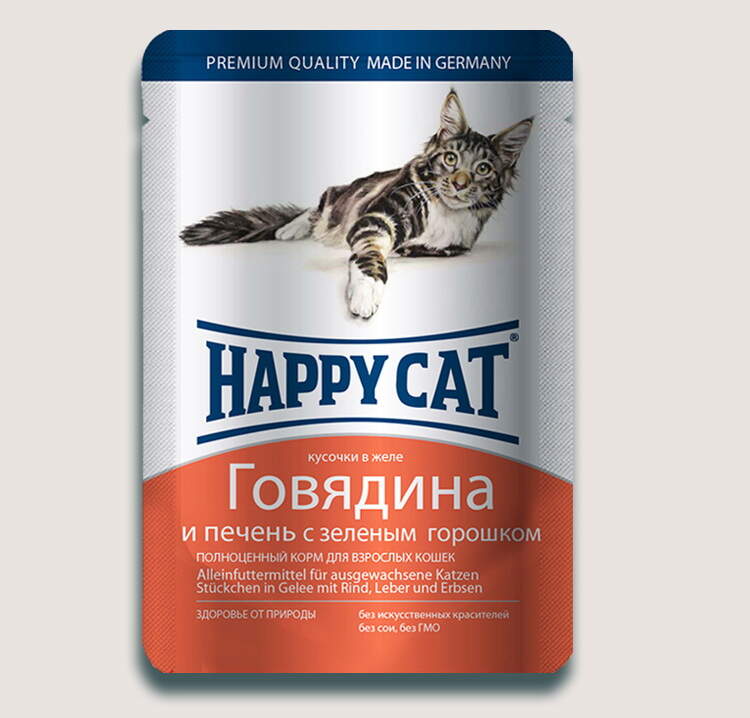 Заказать онлайн HAPPY CAT — Хэппи кэт для взрослых кошек нежные кусочки в желе Говядина, печень и горох в интернет-магазине зоотоваров Зубастик-ДВ в Хабаровске и по всей России.