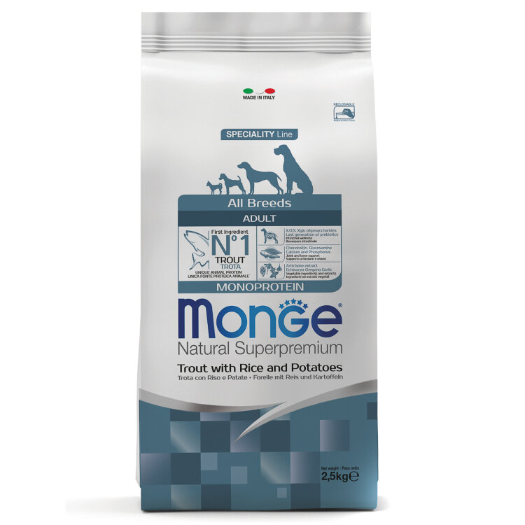 Заказать онлайн Monge Dog Monoprotein корм для собак всех пород форель с рисом и картофелем в интернет-магазине зоотоваров Зубастик-ДВ в Хабаровске и по всей России.