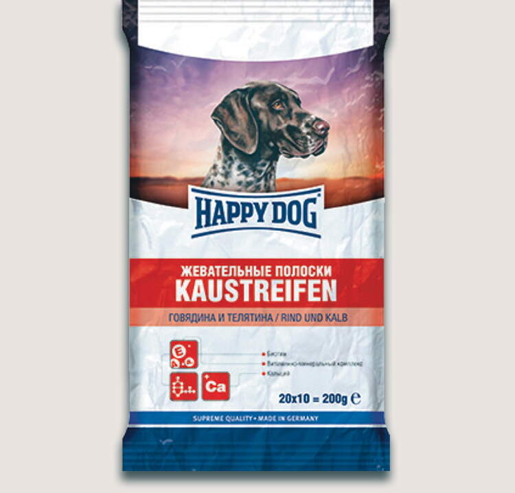 Заказать онлайн HAPPY DOG – Хэппи Дог полоски жевательные для собак с говядиной и телятиной в интернет-магазине зоотоваров Зубастик-ДВ в Хабаровске и по всей России.