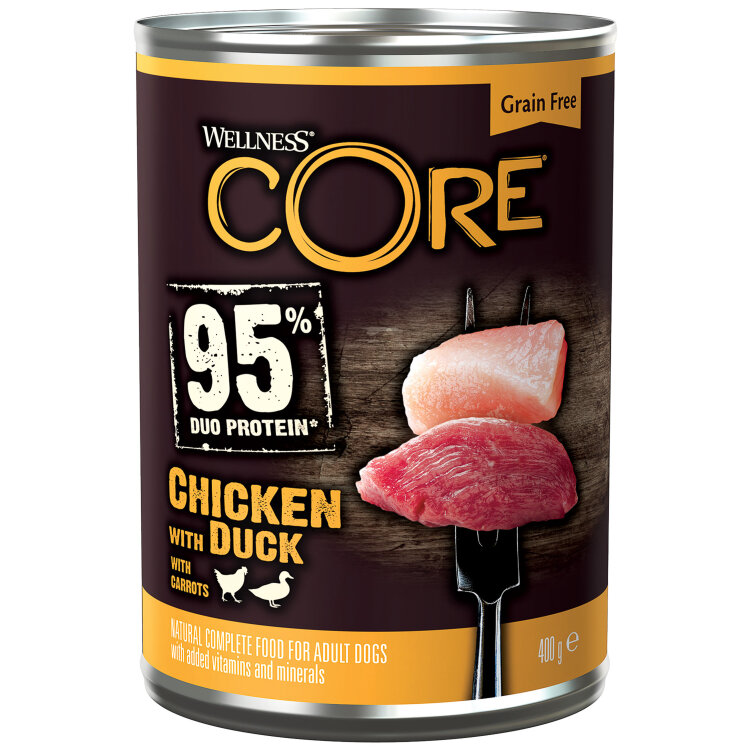 Заказать онлайн Wellness Core 95 консервы из курицы с уткой и морковью для взрослых собак 400 г. в интернет-магазине зоотоваров Зубастик-ДВ в Хабаровске и по всей России.