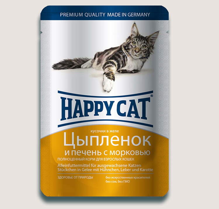 Заказать онлайн HAPPY CAT — Хэппи кэт для взрослых кошек нежные кусочки в желе Цыпленок, печень и морковь - 100 гр в интернет-магазине зоотоваров Зубастик-ДВ в Хабаровске и по всей России.