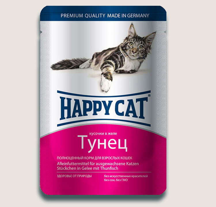 Заказать онлайн HAPPY CAT — Хэппи кэт для взрослых кошек нежные кусочки в желе Тунец - 100 гр в интернет-магазине зоотоваров Зубастик-ДВ в Хабаровске и по всей России.