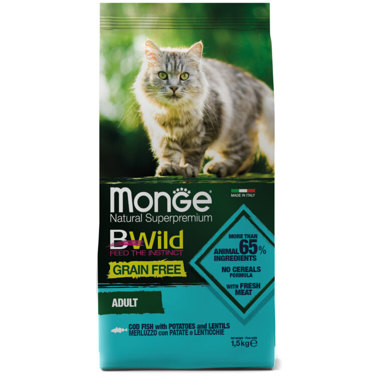 Monge Cat BWild GRAIN FREE беззерновой корм из трески для взрослых кошек  1,5 кг купить недорого в интернет зоомагазине Зубастик-ДВ