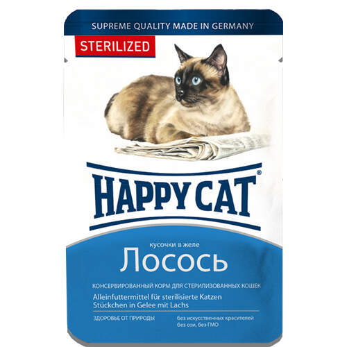 Заказать онлайн Happy Cat Кусочки лосося в желе для кастрированных и стерилизованных кошек 100 гр в интернет-магазине зоотоваров Зубастик-ДВ в Хабаровске и по всей России.