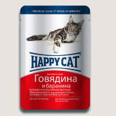 Купить онлайн HAPPY CAT — Хэппи кэт для взрослых кошек нежные кусочки в соусе Говядина и баранина - 100 гр в Зубастик-ДВ (интернет-магазин зоотоваров) с доставкой по Хабаровску и по всей России.