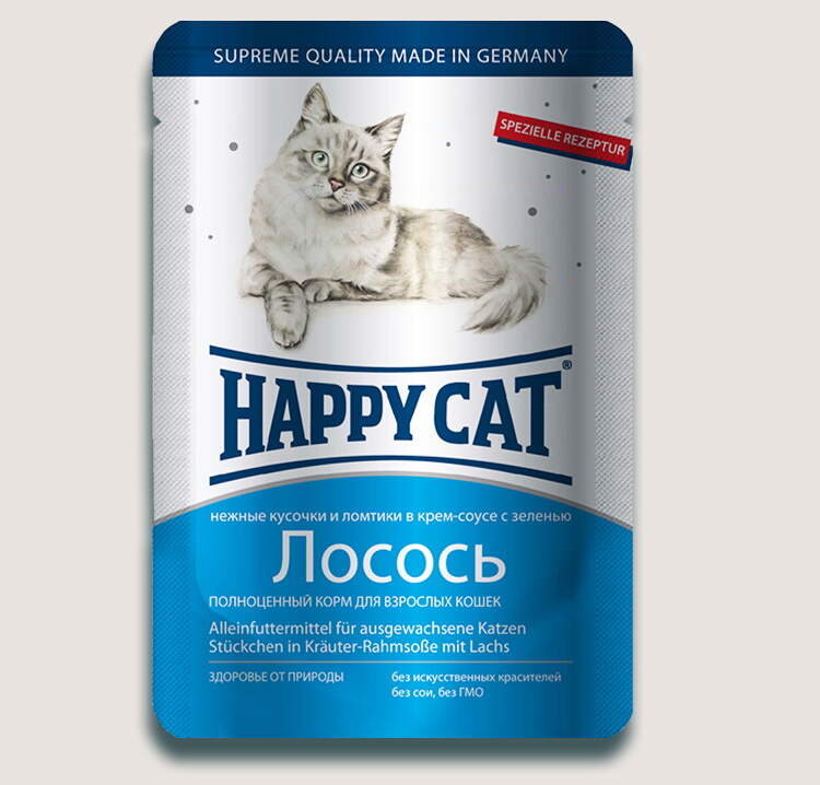 Заказать онлайн HAPPY CAT — Хэппи кэт для взрослых кошек нежные ломтики в соусе Лосось - 100 гр в интернет-магазине зоотоваров Зубастик-ДВ в Хабаровске и по всей России.
