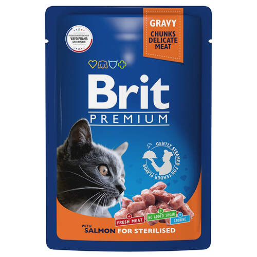 Заказать онлайн Brit Premium Кусочки из филе лосося в соусе для стерилизованных кошек 85 гр  в интернет-магазине зоотоваров Зубастик-ДВ в Хабаровске и по всей России.