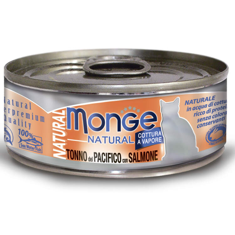 Заказать онлайн Monge Cat Natural консервы для кошек тихоокеанский тунец с лососем 80г в интернет-магазине зоотоваров Зубастик-ДВ в Хабаровске и по всей России.