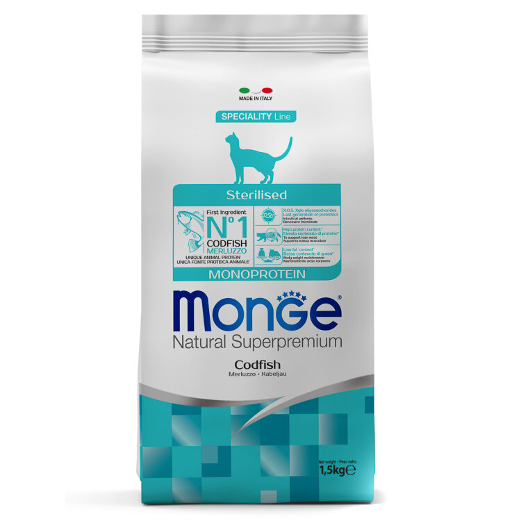 Заказать онлайн Monge Cat Monoprotein Sterilised Merluzzo корм для стерилизованных кошек с треской 1,5 кг в интернет-магазине зоотоваров Зубастик-ДВ в Хабаровске и по всей России.