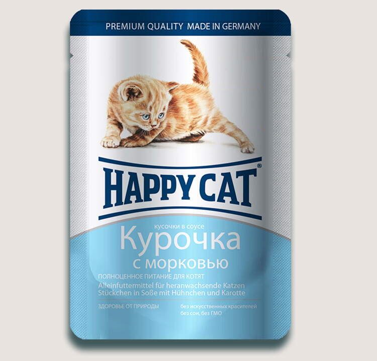 Заказать онлайн HAPPY CAT — Хэппи кэт для котят нежные кусочки в соусе Курочка и морковь - 100 гр в интернет-магазине зоотоваров Зубастик-ДВ в Хабаровске и по всей России.