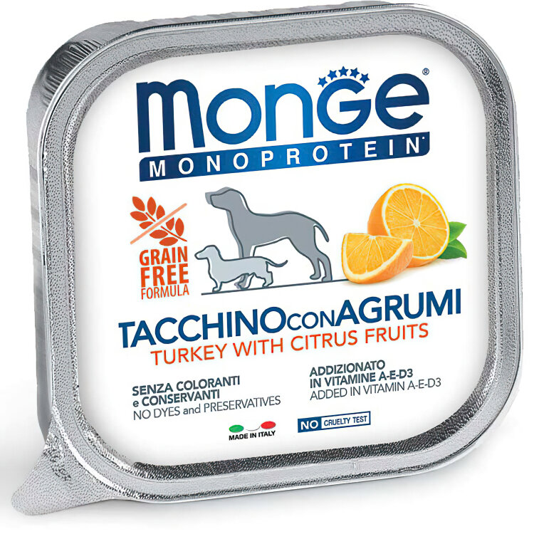 Заказать онлайн Monge Dog Monoprotein Fruits консервы для собак паштет из индейки с цитрусовыми 150г в интернет-магазине зоотоваров Зубастик-ДВ в Хабаровске и по всей России.