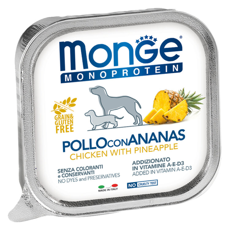 Заказать онлайн Monge Dog Monoprotein Fruits консервы для собак паштет из курицы с ананасом 150г в интернет-магазине зоотоваров Зубастик-ДВ в Хабаровске и по всей России.
