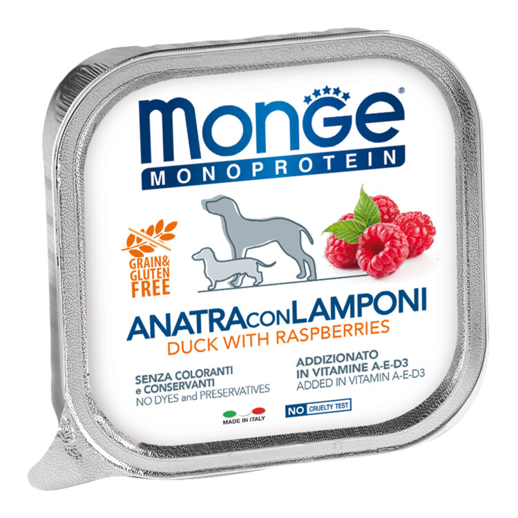 Заказать онлайн Monge Dog Monoprotein Fruits консервы для собак паштет из утки с малиной 150г в интернет-магазине зоотоваров Зубастик-ДВ в Хабаровске и по всей России.