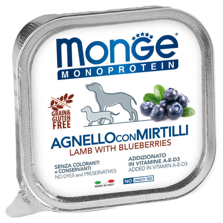 Заказать онлайн Monge Dog Monoprotein Fruits консервы для собак паштет из ягненка с черникой 150г в интернет-магазине зоотоваров Зубастик-ДВ в Хабаровске и по всей России.