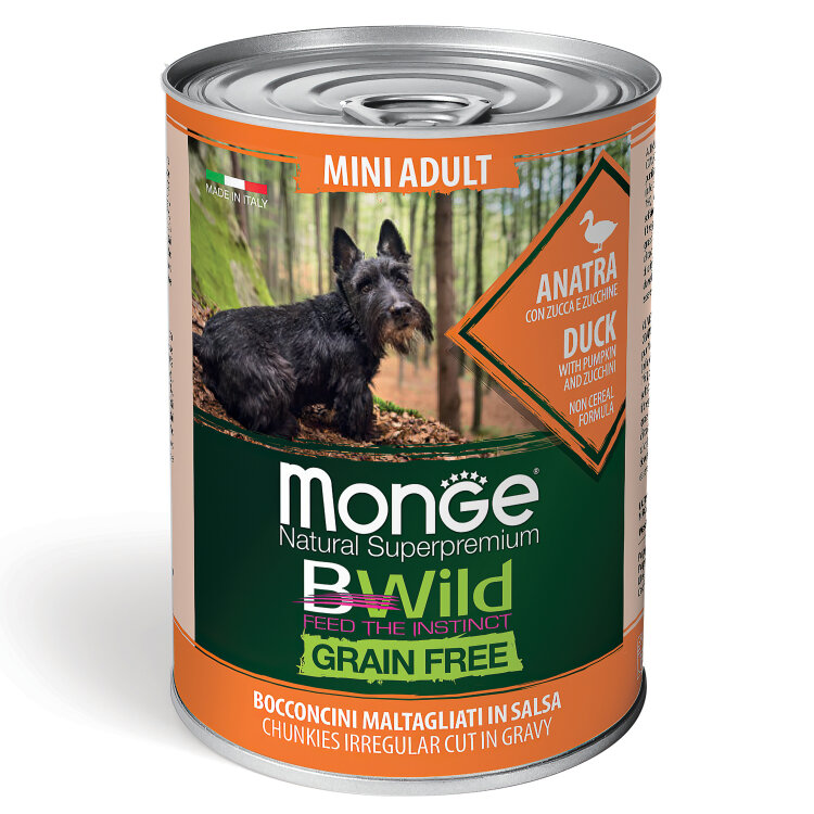 Заказать онлайн Monge Dog BWild GRAIN FREE Mini беззерновые консервы из утки с тыквой и кабачками для взрослых собак мелких пород 400 г в интернет-магазине зоотоваров Зубастик-ДВ в Хабаровске и по всей России.