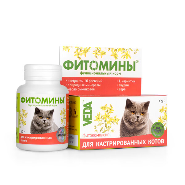 Заказать онлайн Фитомины для кошек Для кастрированных 50гр/100таб в интернет-магазине зоотоваров Зубастик-ДВ в Хабаровске и по всей России.