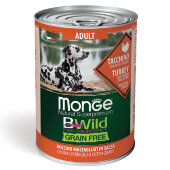 Купить онлайн Monge Dog BWild GRAIN FREE беззерновые консервы из индейки с тыквой и кабачками для взрослых собак всех пород 400 г в Зубастик-ДВ (интернет-магазин зоотоваров) с доставкой по Хабаровску и по всей России.