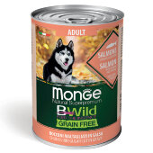 Купить онлайн Monge Dog BWild GRAIN FREE беззерновые консервы из лосося с тыквой и кабачками для взрослых собак всех пород 400 г в Зубастик-ДВ (интернет-магазин зоотоваров) с доставкой по Хабаровску и по всей России.