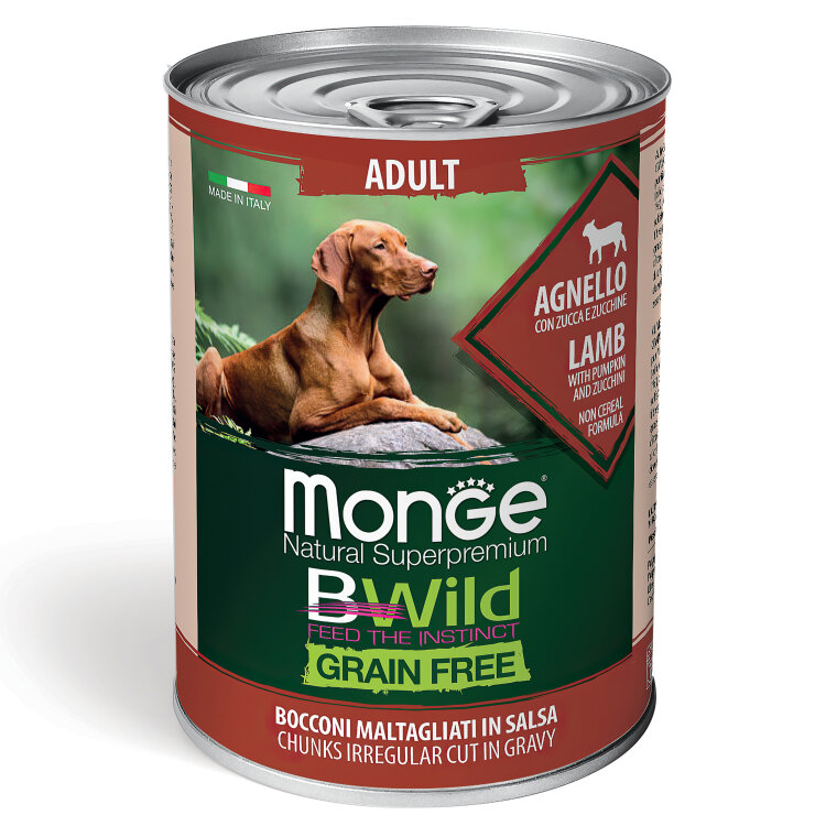 Заказать онлайн Monge Dog BWild GRAIN FREE беззерновые консервы из ягненка с тыквой и кабачками для взрослых собак всех пород 400 г в интернет-магазине зоотоваров Зубастик-ДВ в Хабаровске и по всей России.