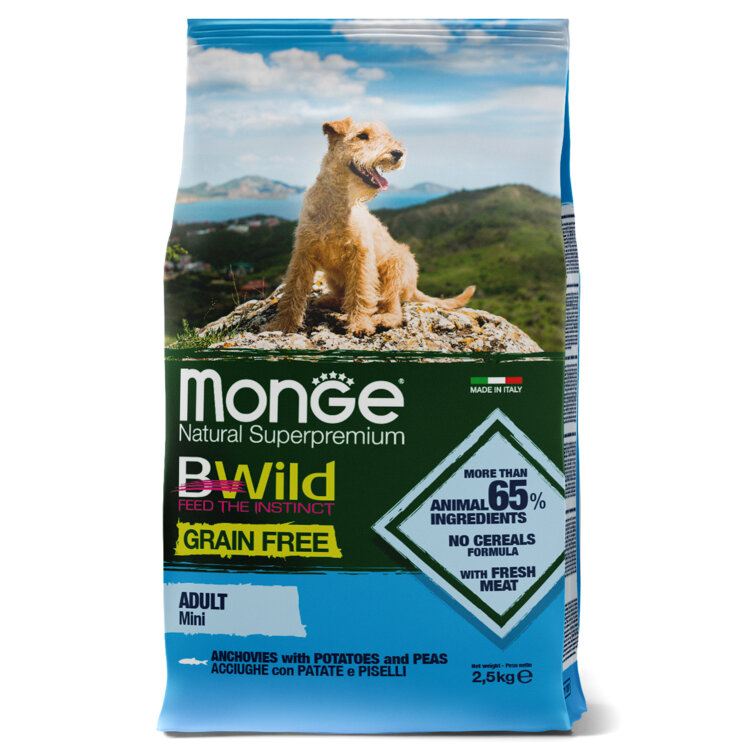 Заказать онлайн Monge Dog BWild GRAIN FREE Mini беззерновой корм из анчоуса с картофелем для взрослых собак мелких пород 2,5кг в интернет-магазине зоотоваров Зубастик-ДВ в Хабаровске и по всей России.