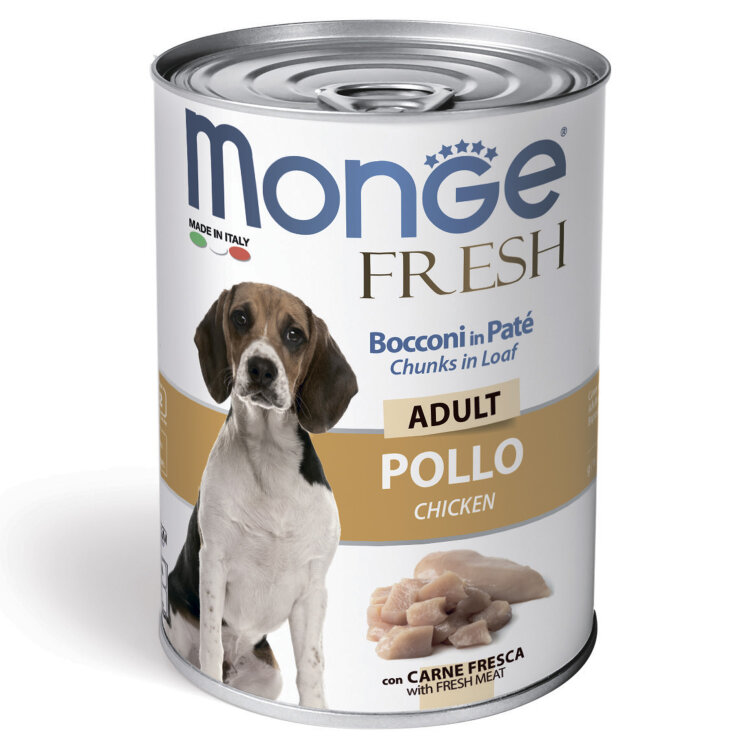 Заказать онлайн Monge Dog Fresh Chunks in Loaf консервы для собак мясной рулет курица 400 г в интернет-магазине зоотоваров Зубастик-ДВ в Хабаровске и по всей России.