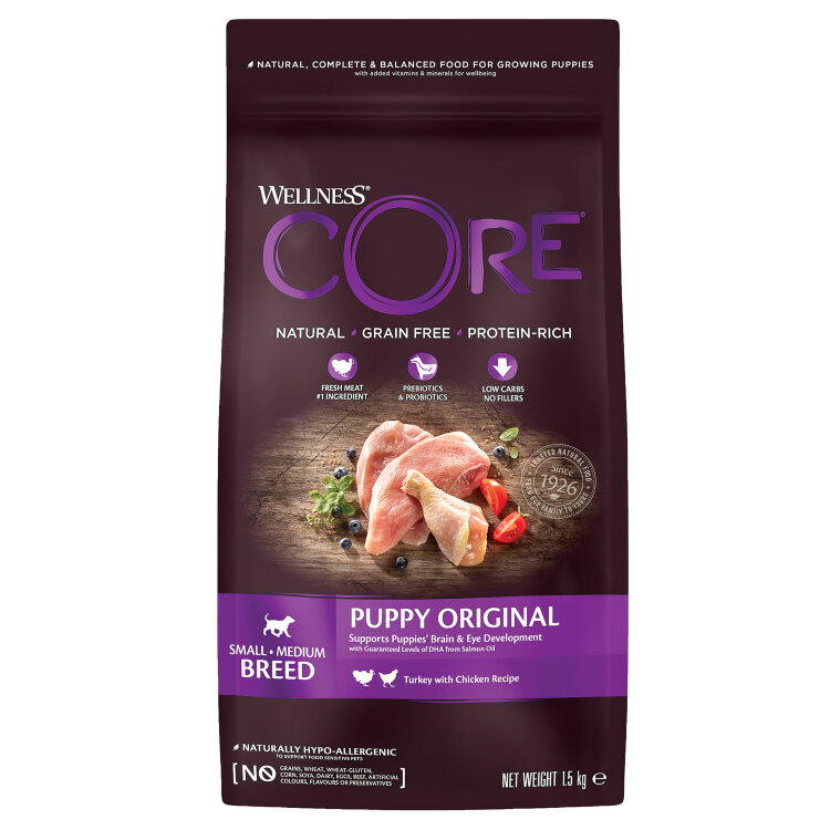 Заказать онлайн Wellness Core Корм из индейки с курицей для щенков мелких и средних пород в интернет-магазине зоотоваров Зубастик-ДВ в Хабаровске и по всей России.