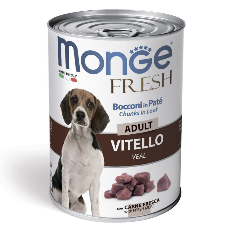 Заказать онлайн Monge Dog Fresh Chunks in Loaf консервы для собак мясной рулет телятина 400 г в интернет-магазине зоотоваров Зубастик-ДВ в Хабаровске и по всей России.