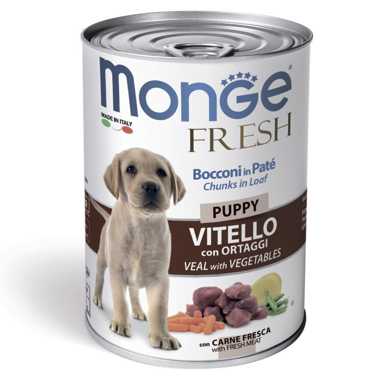 Заказать онлайн Monge Dog Fresh Chunks in Loaf консервы для щенков мясной рулет телятина с овощами 400 г в интернет-магазине зоотоваров Зубастик-ДВ в Хабаровске и по всей России.