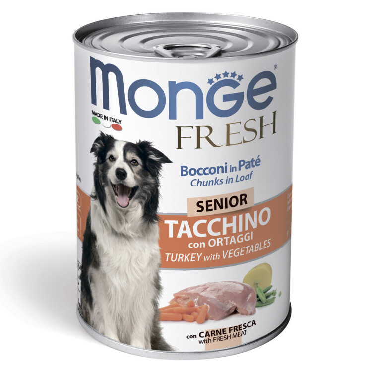 Заказать онлайн Monge Dog Fresh Chunks in Loaf консервы для пожилых собак мясной рулет индейка с овощами 400 г в интернет-магазине зоотоваров Зубастик-ДВ в Хабаровске и по всей России.