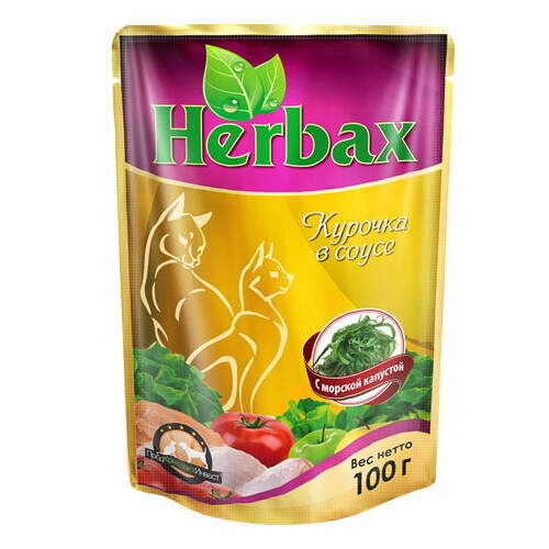 Заказать онлайн HERBAX Курочка в соусе с морской капустой для кошек - 100гр в интернет-магазине зоотоваров Зубастик-ДВ в Хабаровске и по всей России.