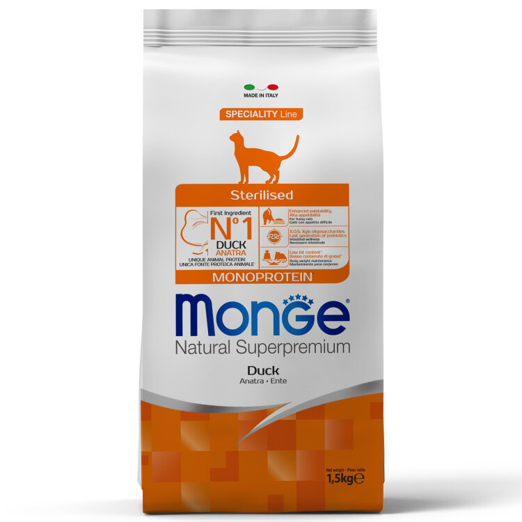 Заказать онлайн Monge Cat Monoprotein Sterilised Duck корм для стерилизованных кошек с уткой в интернет-магазине зоотоваров Зубастик-ДВ в Хабаровске и по всей России.