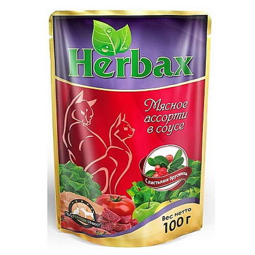 Заказать онлайн HERBAX Мясное ассорти в соусе с листьями брусники для кошек - 100гр в интернет-магазине зоотоваров Зубастик-ДВ в Хабаровске и по всей России.