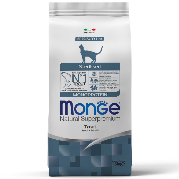 Заказать онлайн Monge Cat Monoprotein Sterilised Trout корм для стерилизованных кошек с форелью в интернет-магазине зоотоваров Зубастик-ДВ в Хабаровске и по всей России.