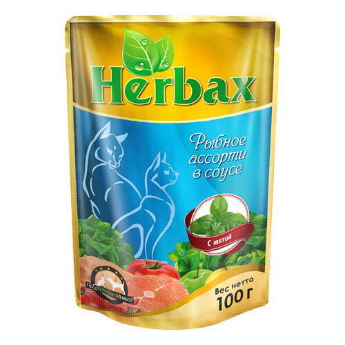 Заказать онлайн HERBAX Рыбное ассорти в соусе с мятой для кошек - 100гр в интернет-магазине зоотоваров Зубастик-ДВ в Хабаровске и по всей России.