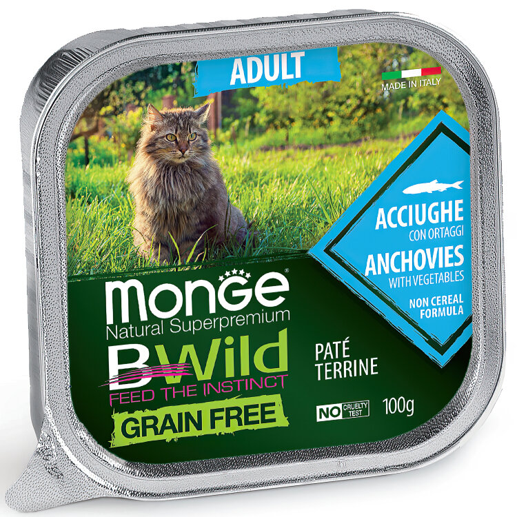 Заказать онлайн Monge Cat BWild GRAIN FREE беззерновые консервы из анчоусов с овощами для взрослых кошек 100 г. в интернет-магазине зоотоваров Зубастик-ДВ в Хабаровске и по всей России.