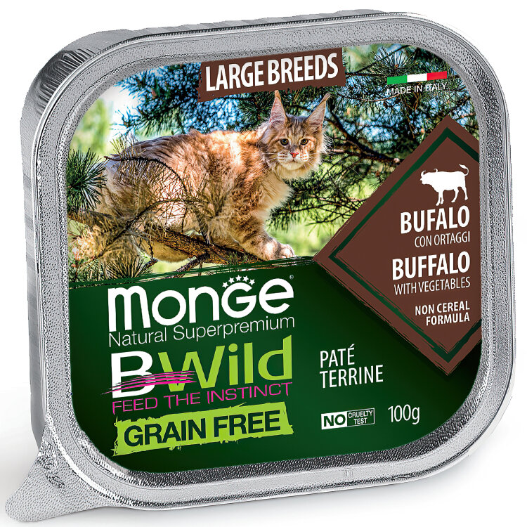Заказать онлайн Monge Cat BWild GRAIN FREE беззерновые консервы из буйвола с овощами для кошек крупных пород 100 г. в интернет-магазине зоотоваров Зубастик-ДВ в Хабаровске и по всей России.