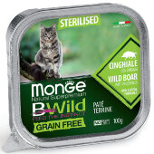 Купить онлайн Monge Cat BWild GRAIN FREE беззерновые консервы из кабана с овощами для стерилизованных кошек 100 г. в Зубастик-ДВ (интернет-магазин зоотоваров) с доставкой по Хабаровску и по всей России.