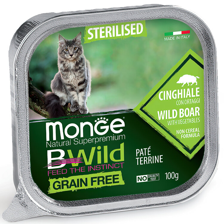 Заказать онлайн Monge Cat BWild GRAIN FREE беззерновые консервы из кабана с овощами для стерилизованных кошек 100 г. в интернет-магазине зоотоваров Зубастик-ДВ в Хабаровске и по всей России.