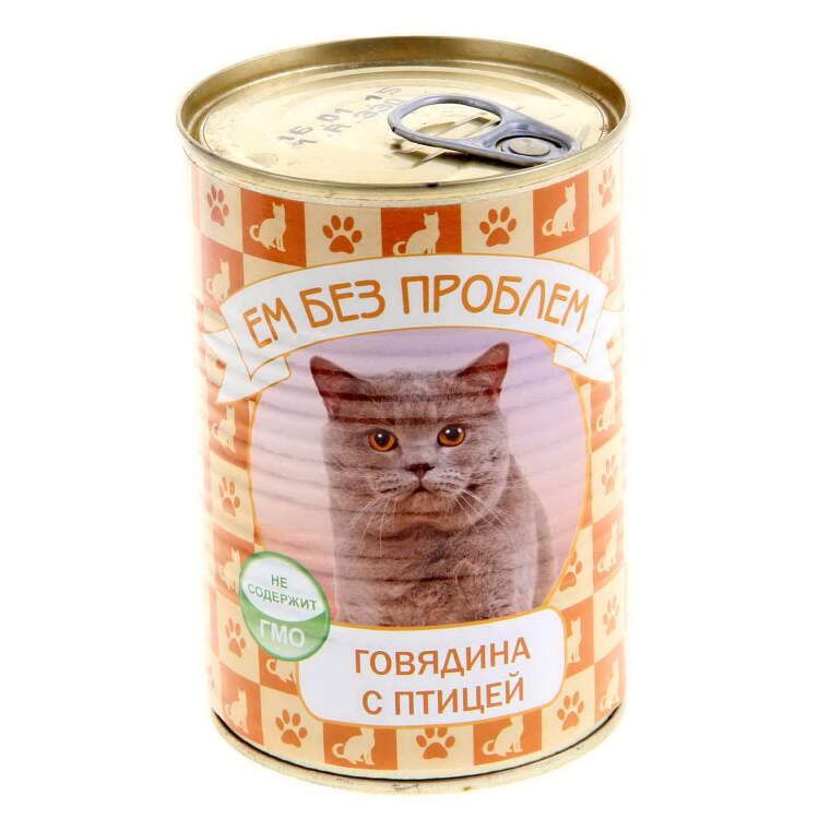 Заказать онлайн ЕМ БЕЗ ПРОБЛЕМ - влажный корм для кошек Говядина с птицей - 410гр в интернет-магазине зоотоваров Зубастик-ДВ в Хабаровске и по всей России.