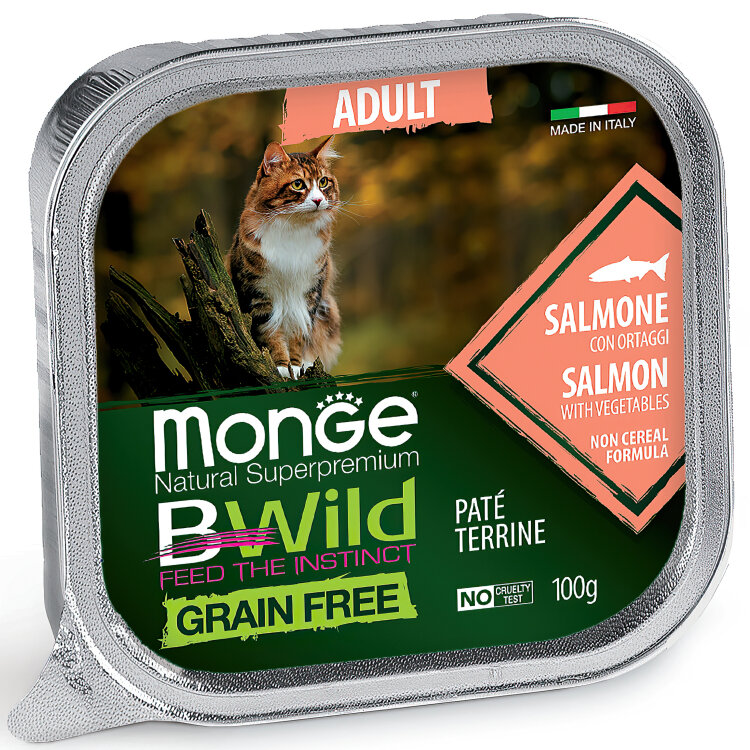 Заказать онлайн Monge Cat BWild GRAIN FREE беззерновые консервы из лосося с овощами для взрослых кошек 100 г. в интернет-магазине зоотоваров Зубастик-ДВ в Хабаровске и по всей России.